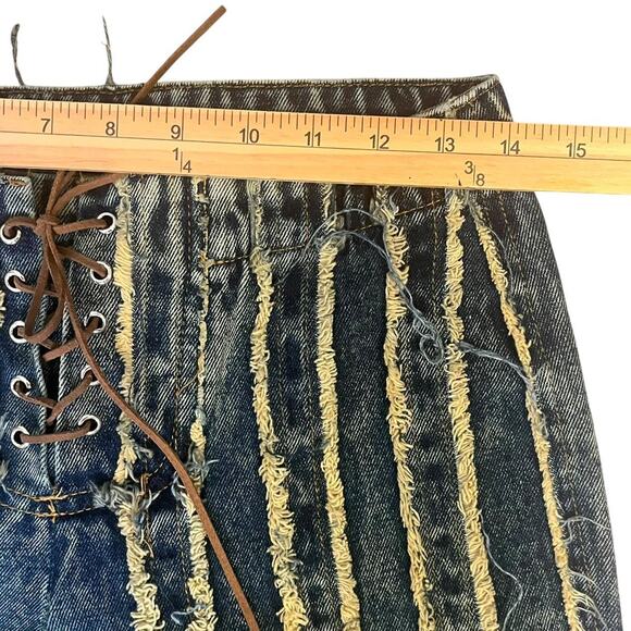 Jaded London Fringe Striped Denim Jeans Womens 25 Lace Up Boho Hippie Festival - Picture 5 of 7